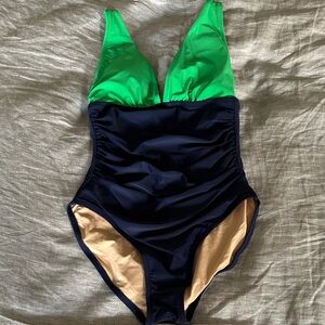 J. Crew Green and Navy Women's One Piece Swimsuit
